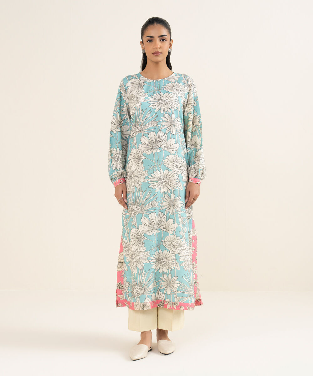 Women's RTW Herringbone Printed Blue A-Line Shirt