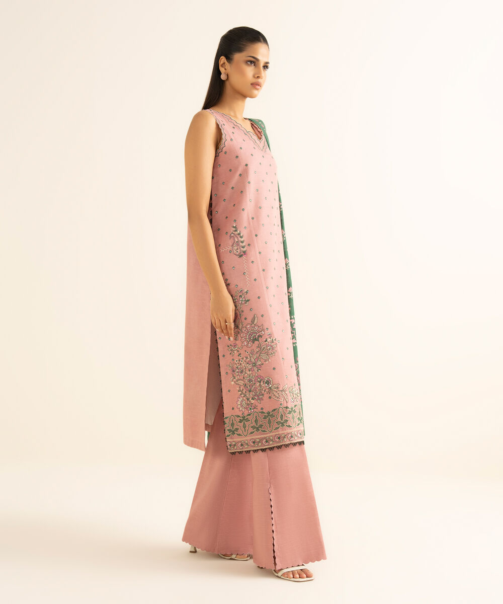 Women's Unstitched Light Khaddar Embroidered Pink 3 Piece Suit