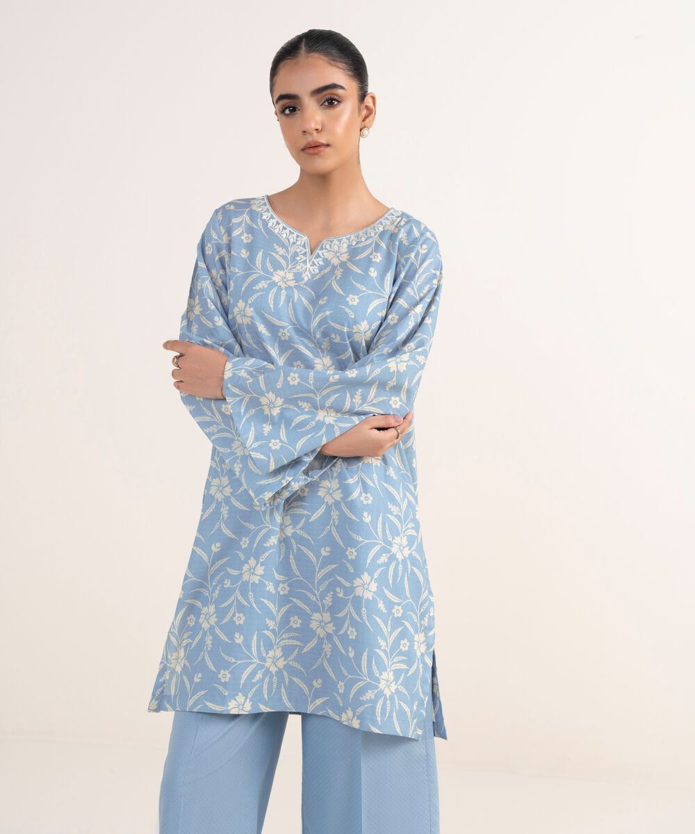Women's RTW Textured Lawn Blue Embroidered A-Line Shirt