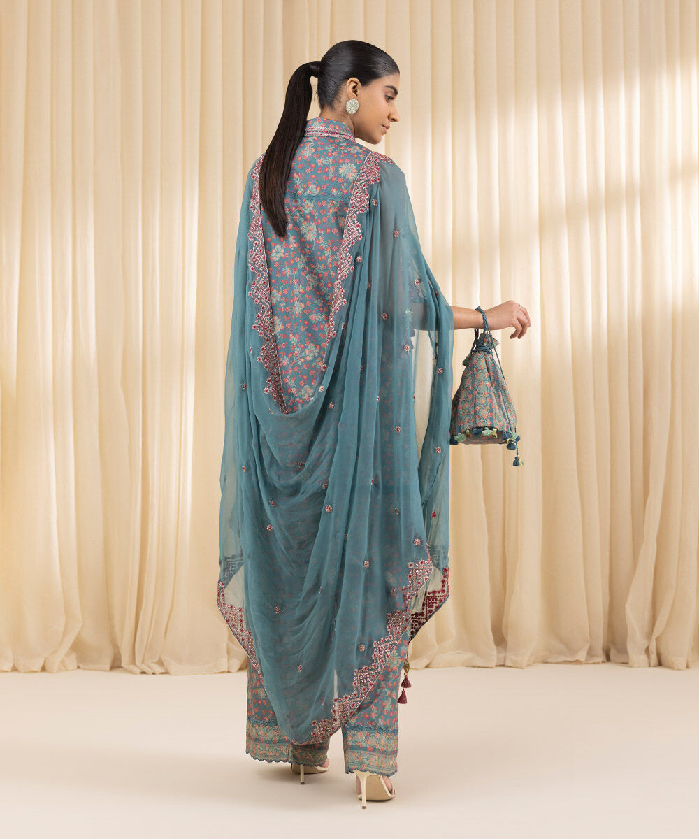 Unstitched Women's Embroidered Blended Grip Silk Grey Three Piece Suit