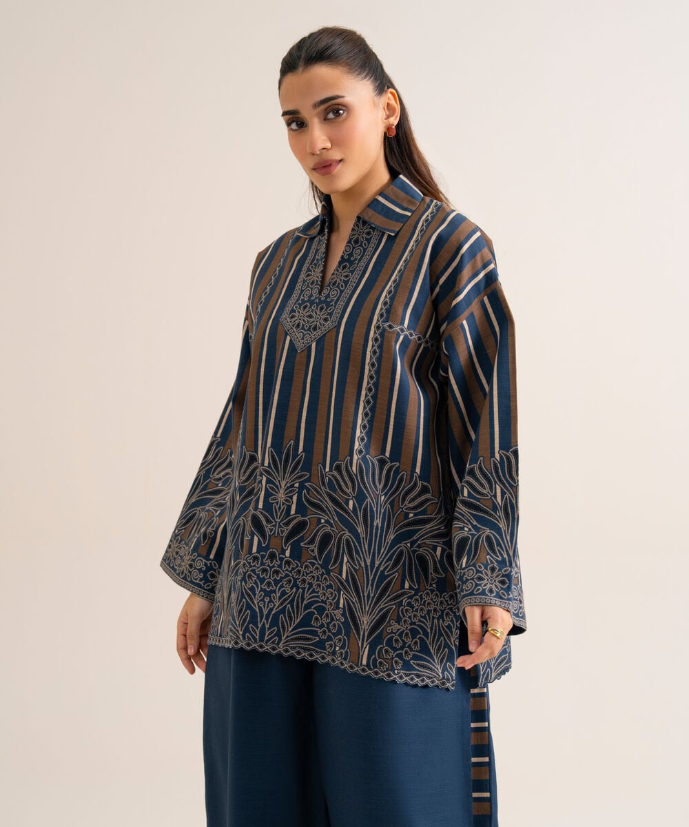 Women's Unstitched Premium Khaddar Printed Dark Blue 2 Piece Suit