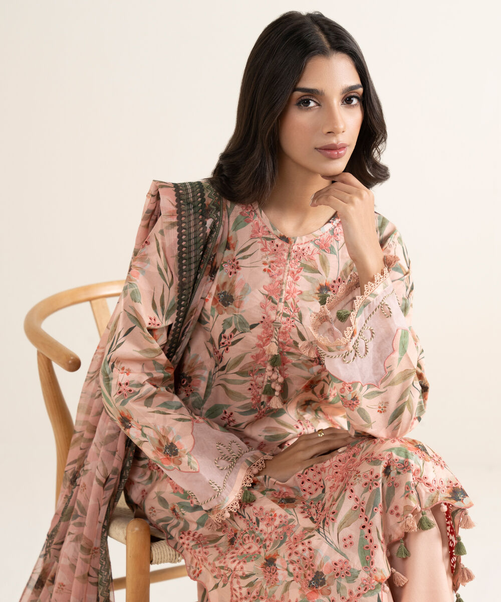 Women's Unstitched Lawn Embroidered Pink 3 Piece Suit