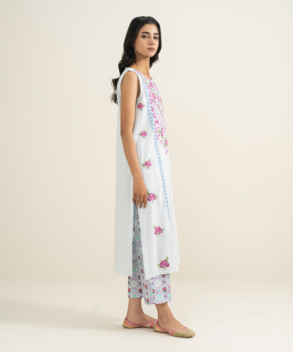 Women's RTW Dobby Embroidered Blue Straight Shirt