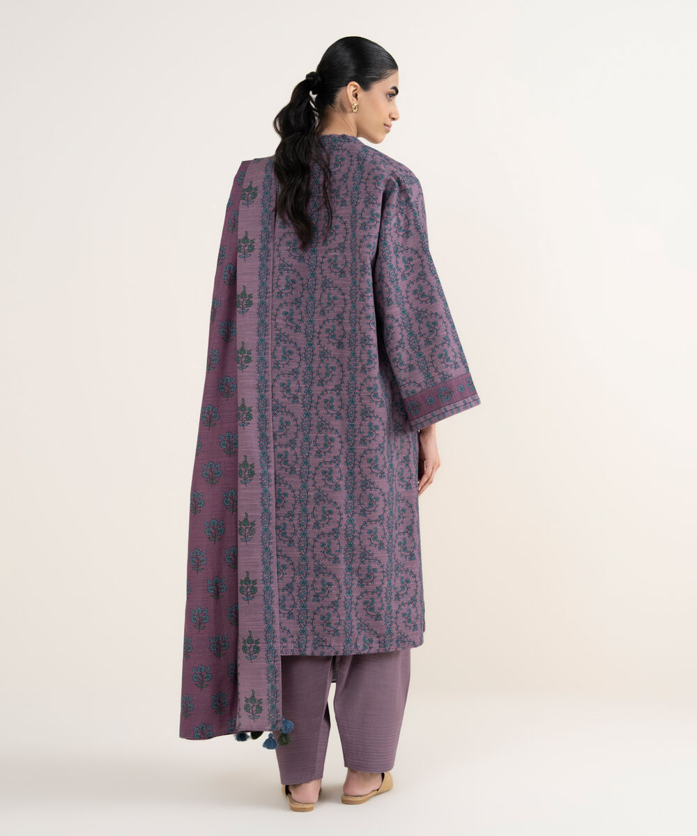 Women's Unstitched Printed Textured Cotton Purple 3 Piece Suit