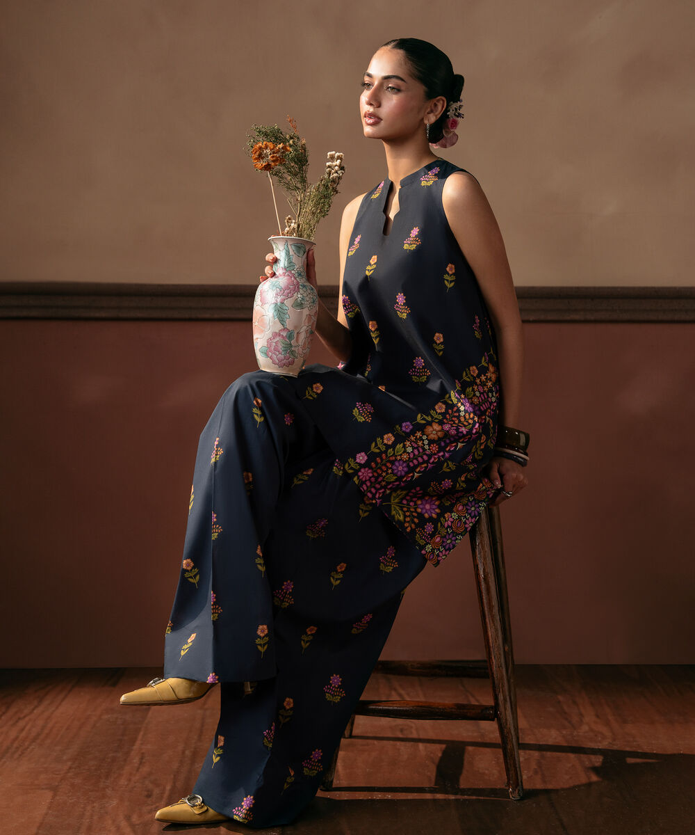 Women's Unstitched Cotton Printed Navy Blue 2 Piece Suit