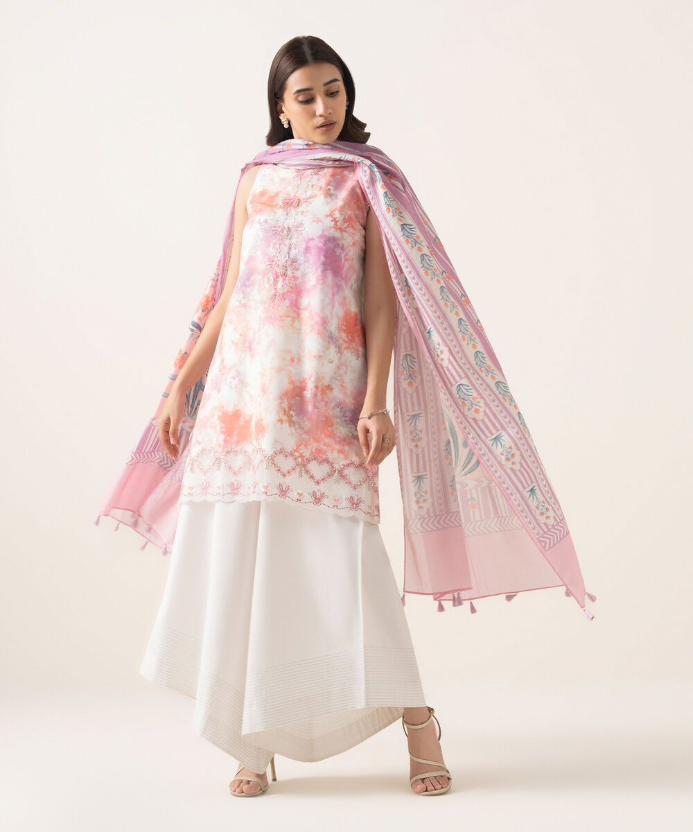 Women's Unstitched Textured Lawn Embroidered Pink 3 Piece Suit