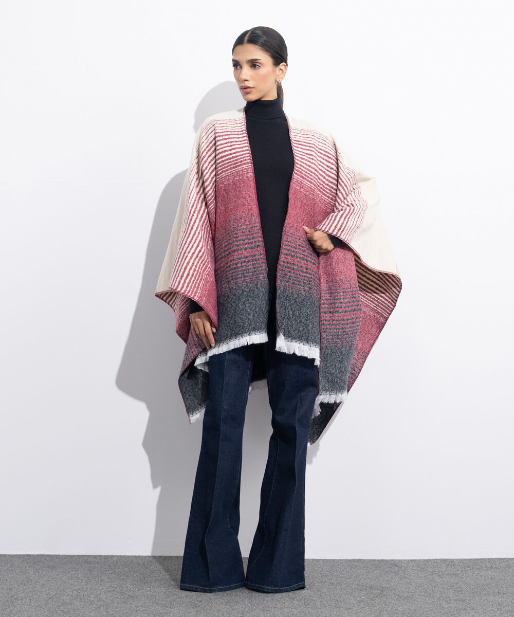 Women's Western Wear Maroon & Off White Striped Cape Shawl