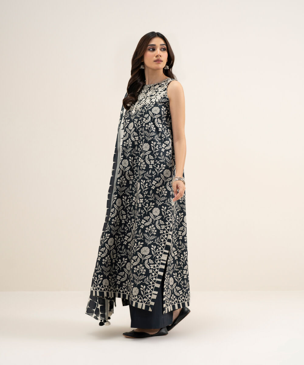 Women's Unstitched Lawn Embroidered Black and Off White 3 Piece Suit