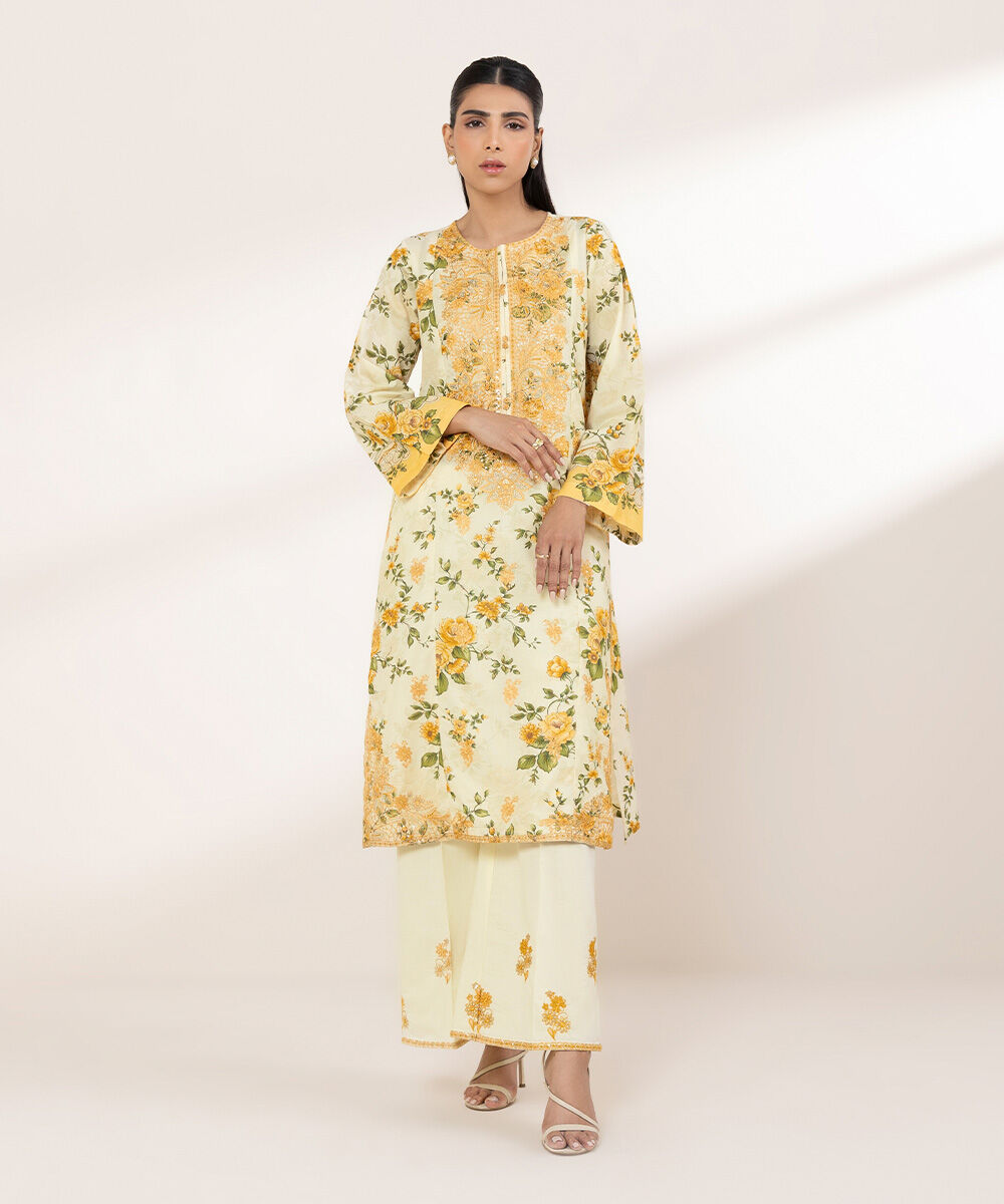 Women's RTW Zari Lawn Yellow Embroidered A-Line Shirt