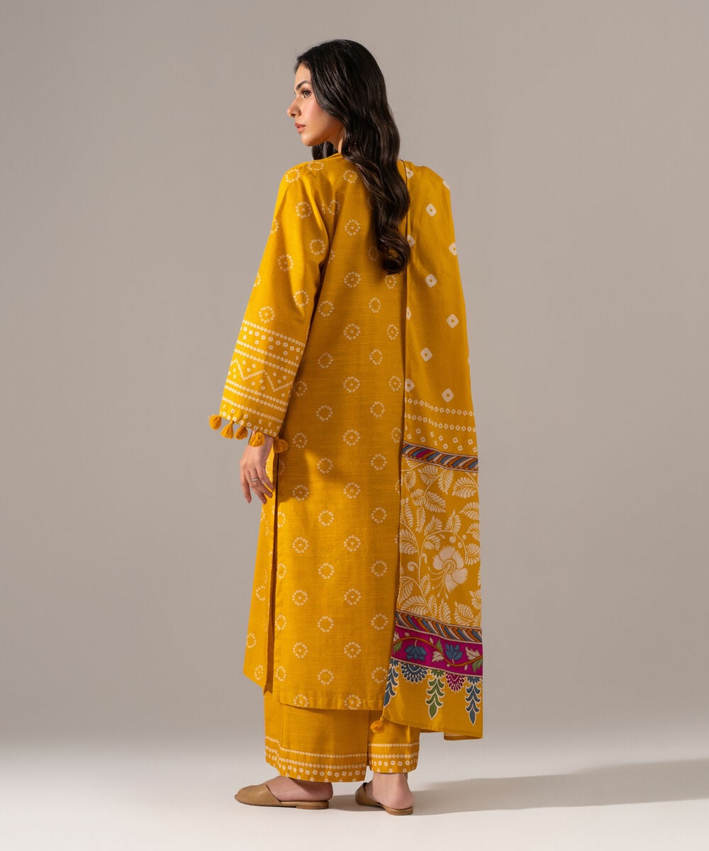 Women's RTW Khaddar Printed Yellow 3 Piece Suit