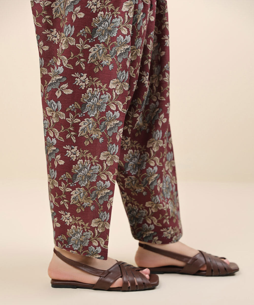 Women's Unstitched Khaddar Red Printed Trousers Fabric