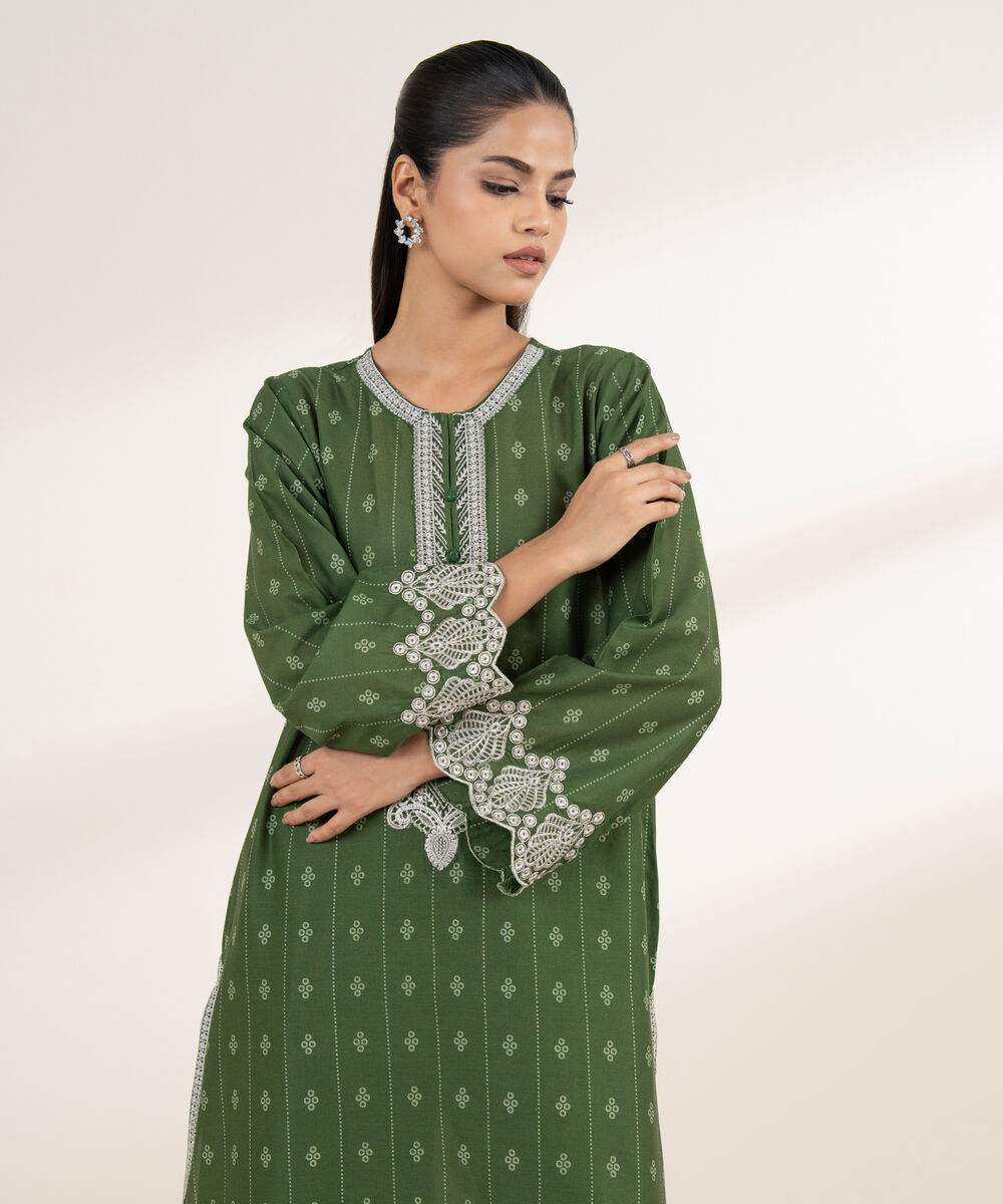 Women's RTW Lawn Green Embroidered A-Line Shirt