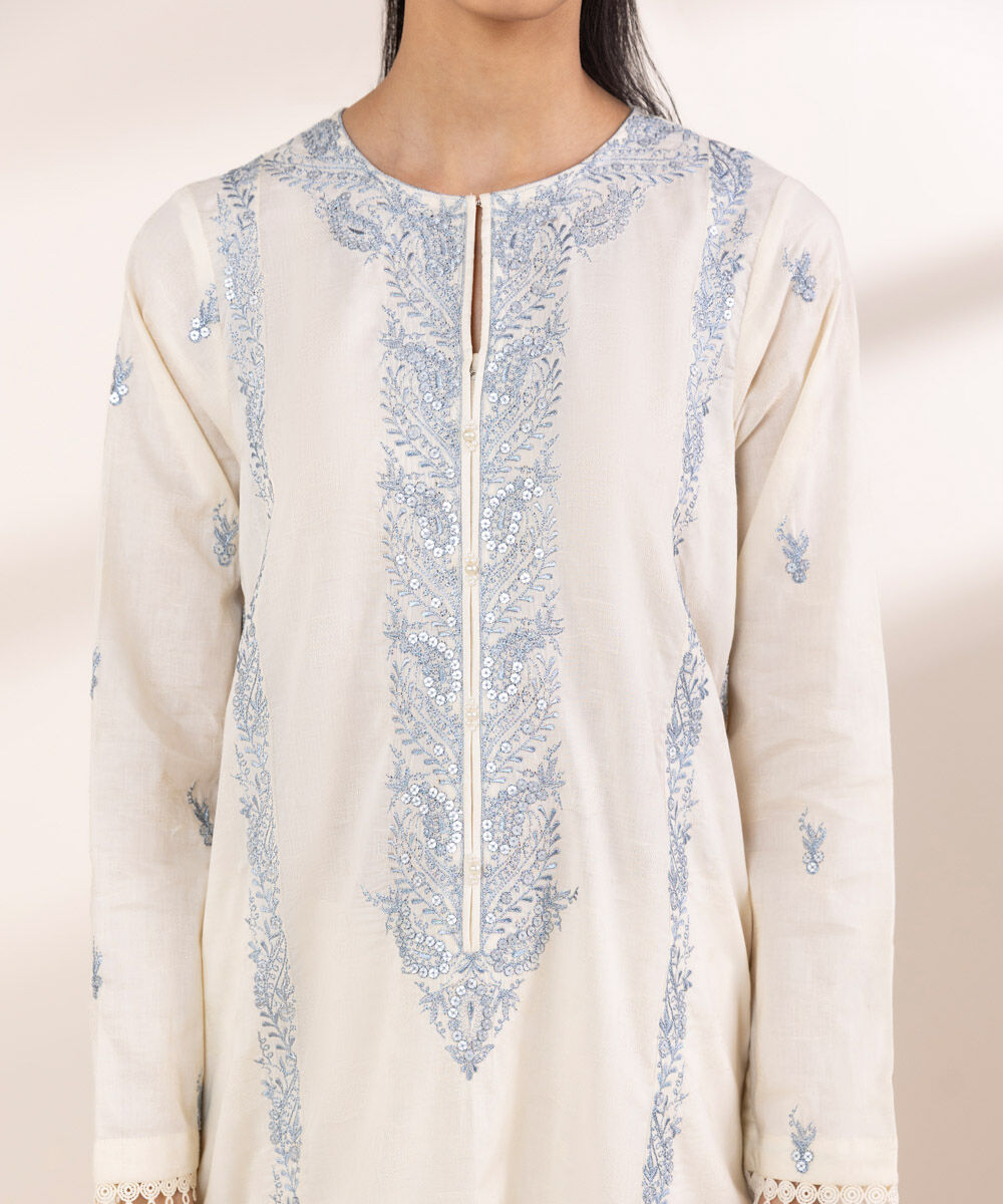 Women's RTW Cotton Jacquard Off White Embroidered A-Line Shirt