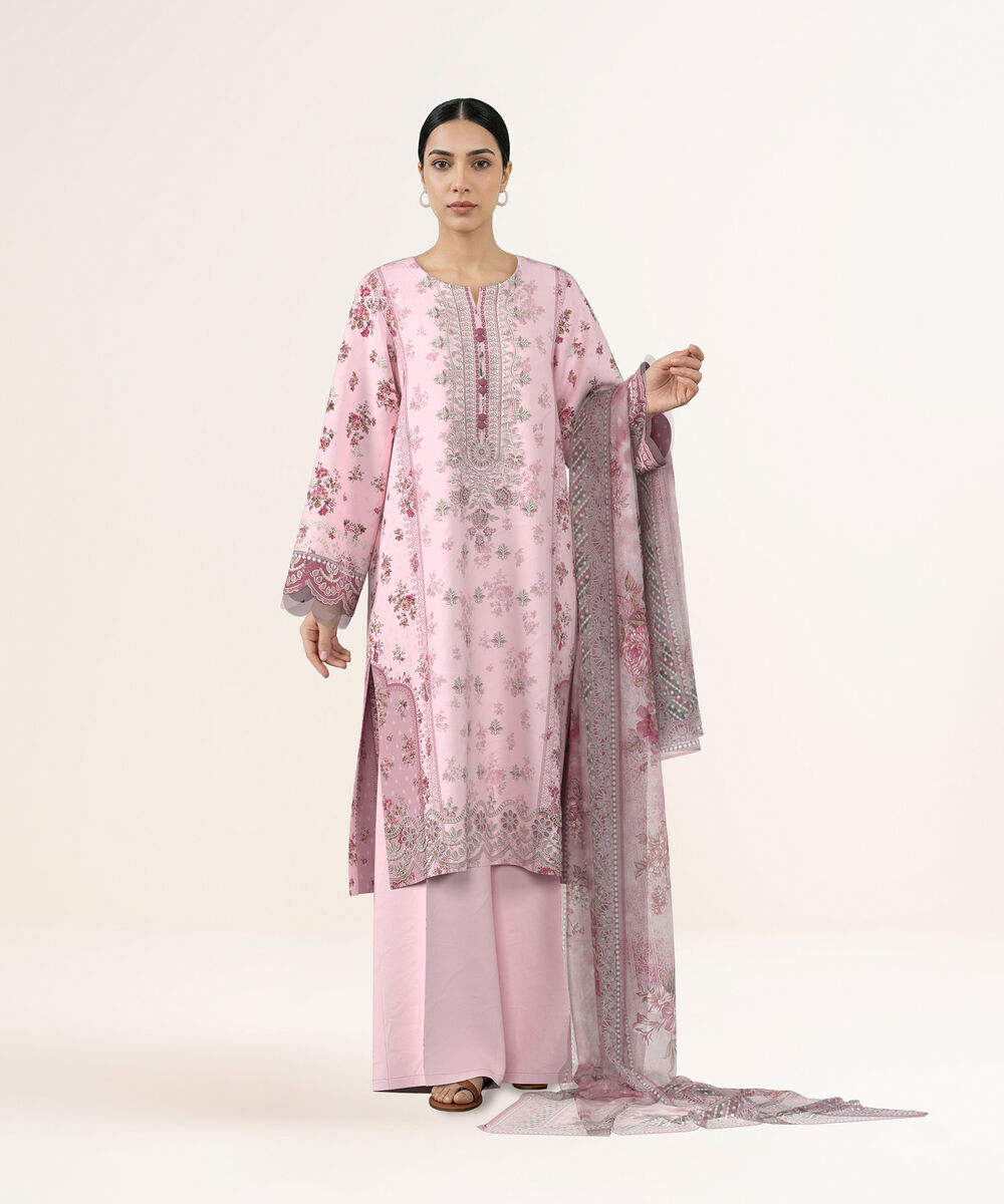 Women's Unstitched Lawn Pink Embroidered 3 Piece Suit