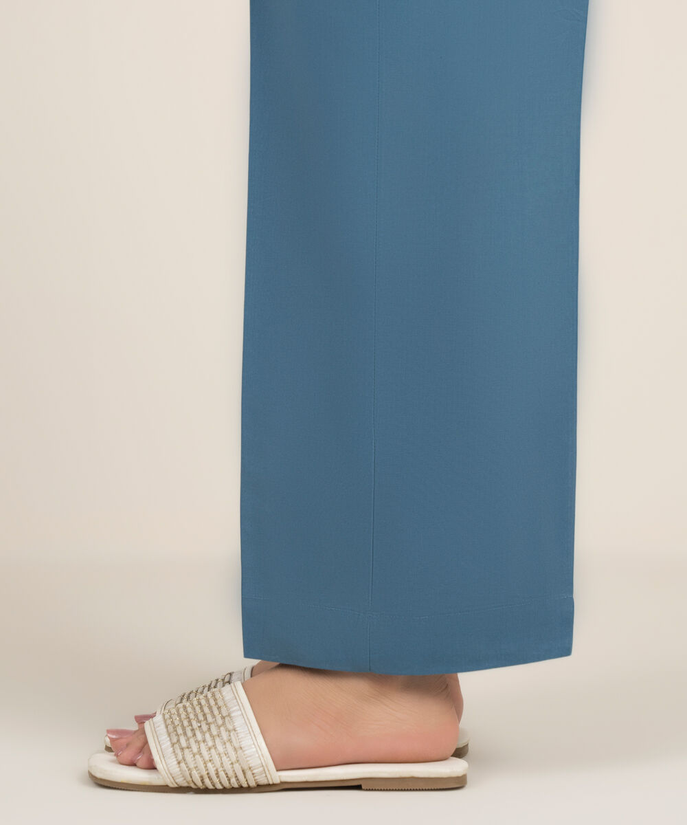 Women's RTW Cambric Solid Blue Straight Pants