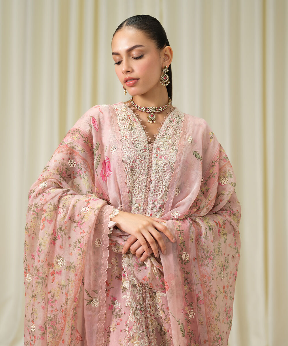 Women's Unstitched Blended Chiffon Embroidered Pink 3 Piece Suit
