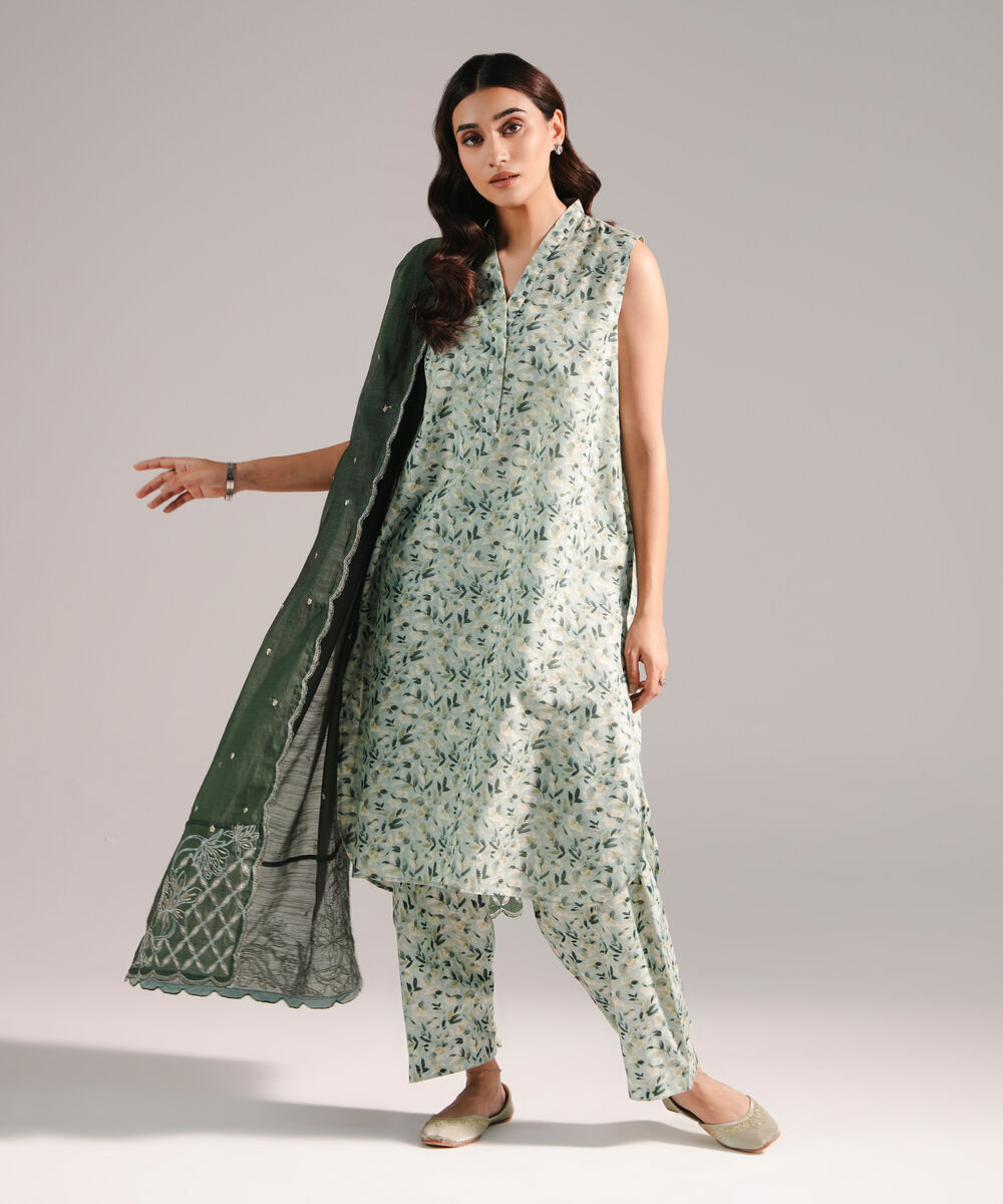 Women's RTW Zari Lawn Printed Green 3 Piece Suit