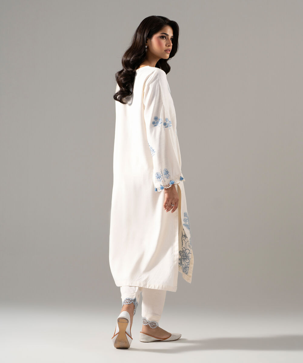 Women's RTW Raw Silk Solid Embroidered White 2 Piece Suit