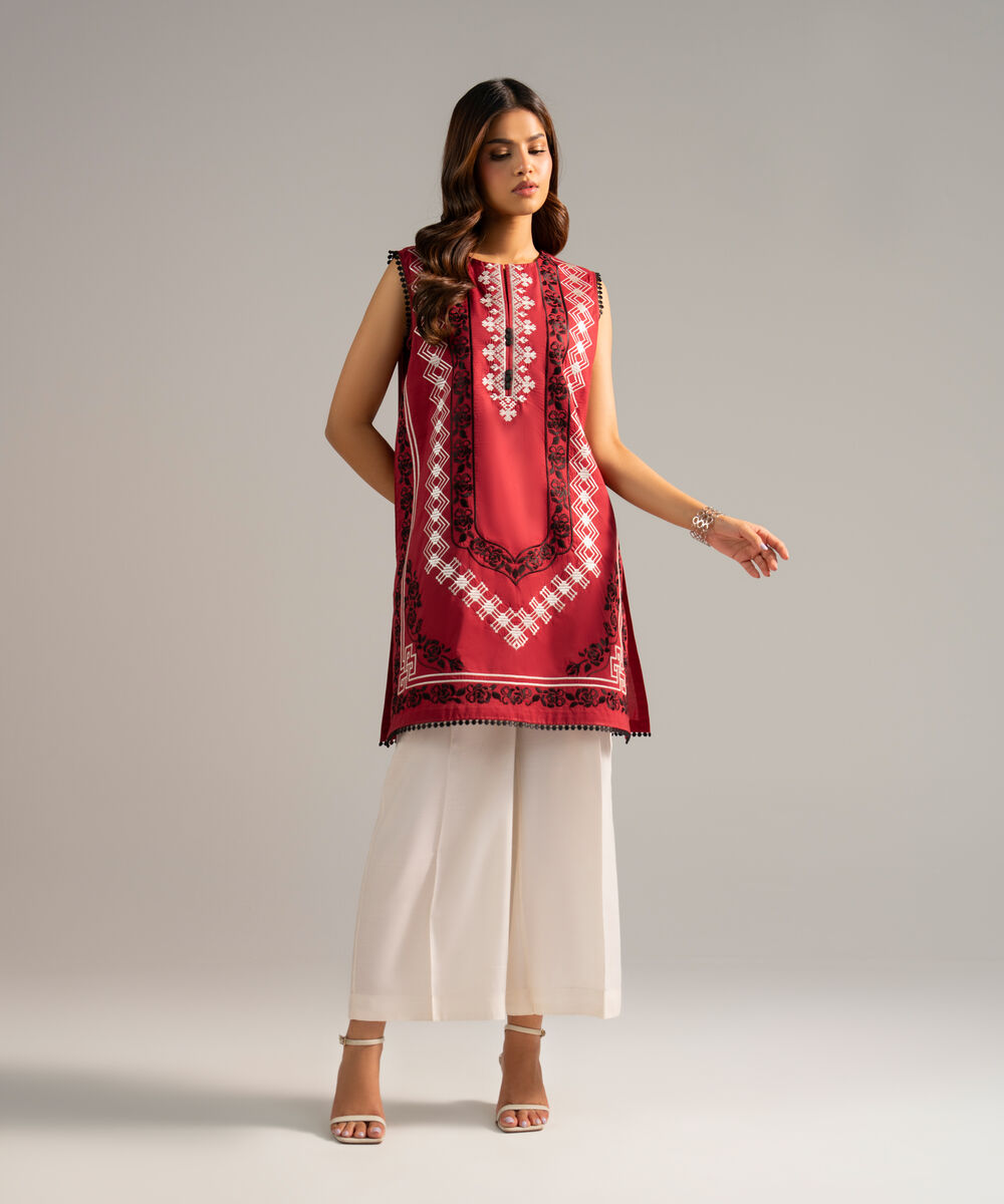 Women's RTW Poplin Embroidered Red Straight Shirt