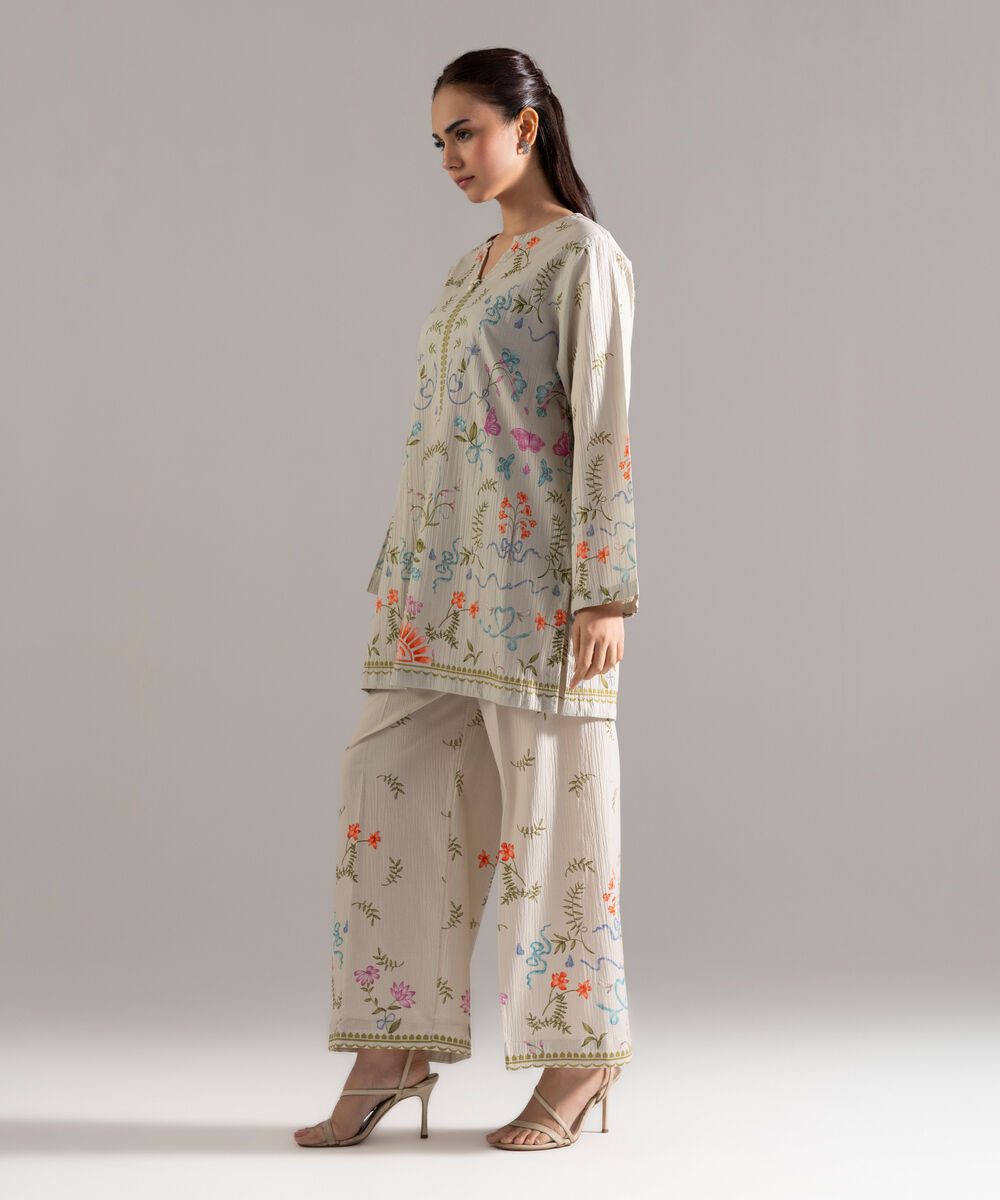 Women's RTW Seersucker Printed Grey 2 Piece Suit