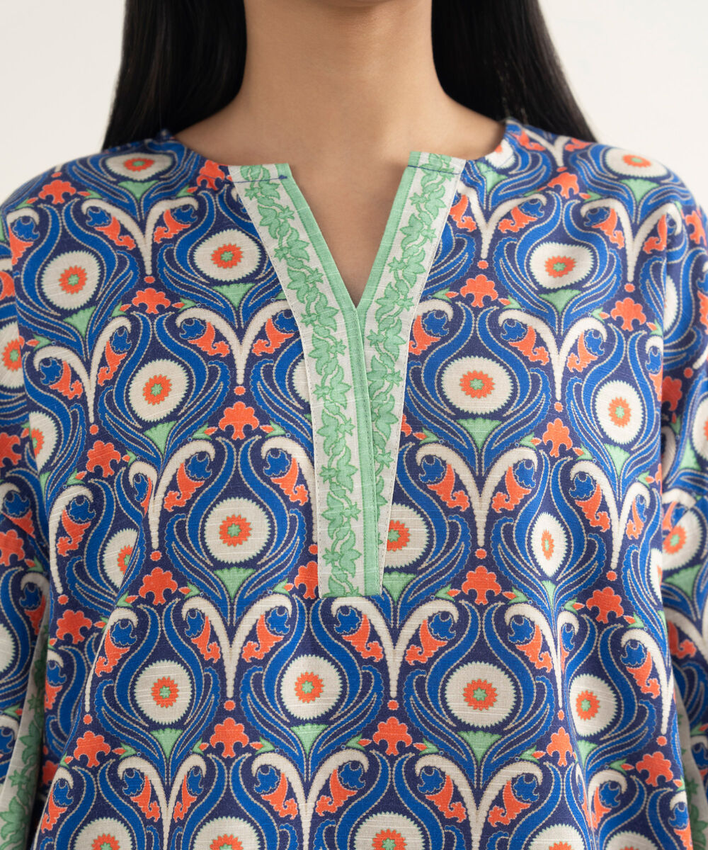 Women's RTW Light Khaddar Printed Blue Drop Shoulder Shirt