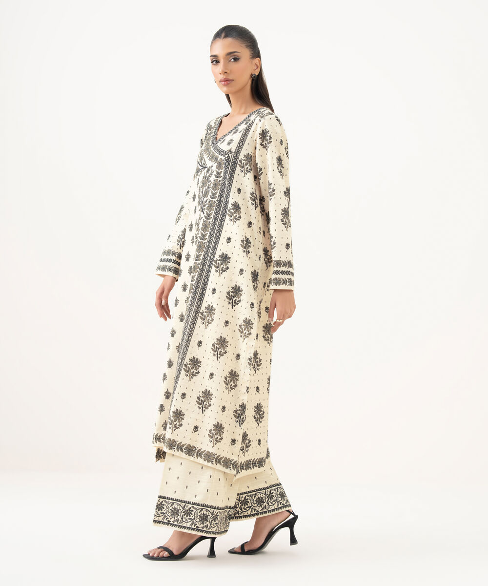 Women's RTW Light Khaddar Printed A-Line Off White Shirt