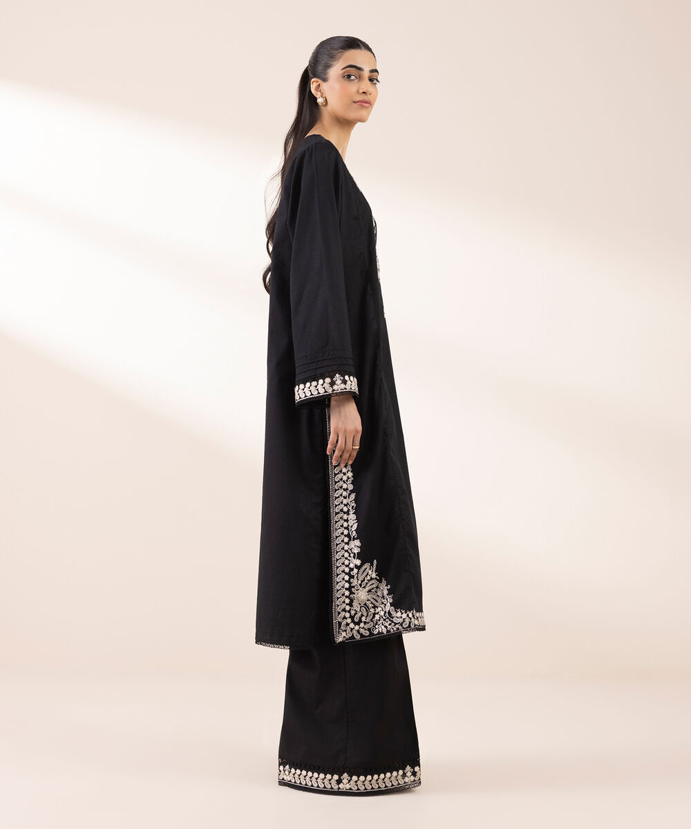 Women's RTW Dobby Black Embroidered A-Line Shirt