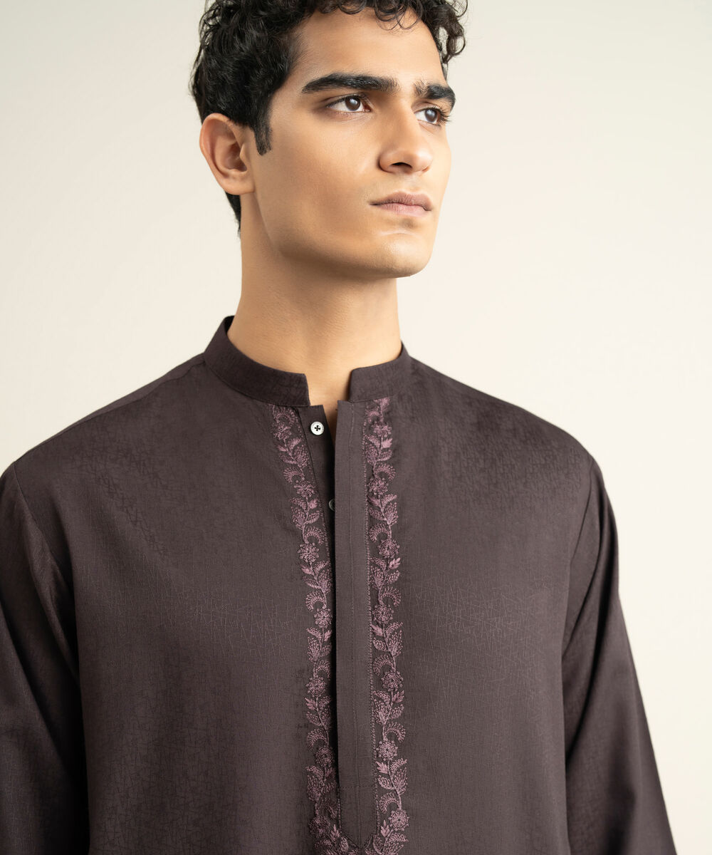 Men's dark purple Blended Jacquard Kurta