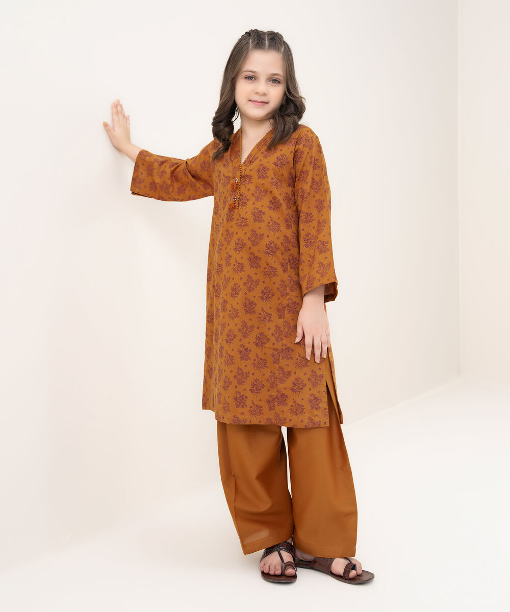 Girl's Cotton Viscose Printed Brown 2 Piece Suit