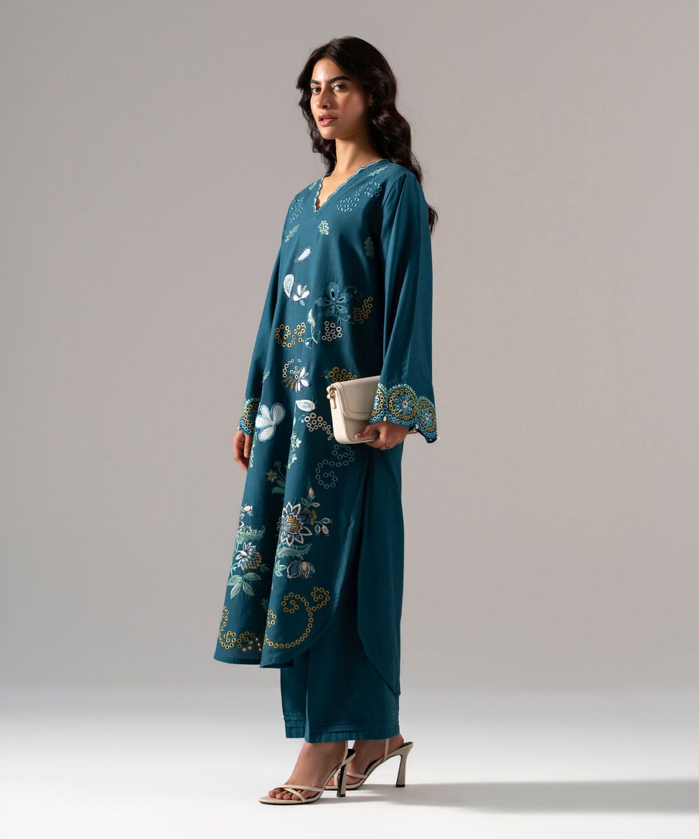 Women's RTW Solid Embroidered Teal Cotton Viscose Shirt