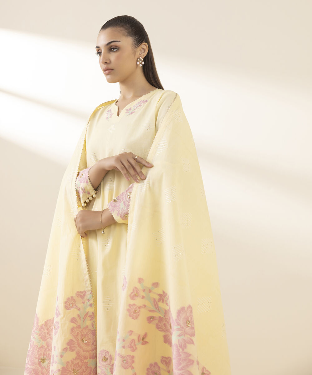 Unstitched Women's Yellow Jacquard 3 Piece Suit