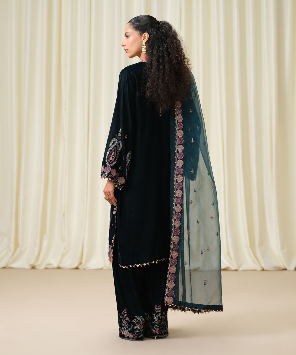 Women's Unstitched Embroidered Velvet Teal Green 3 Piece Suit