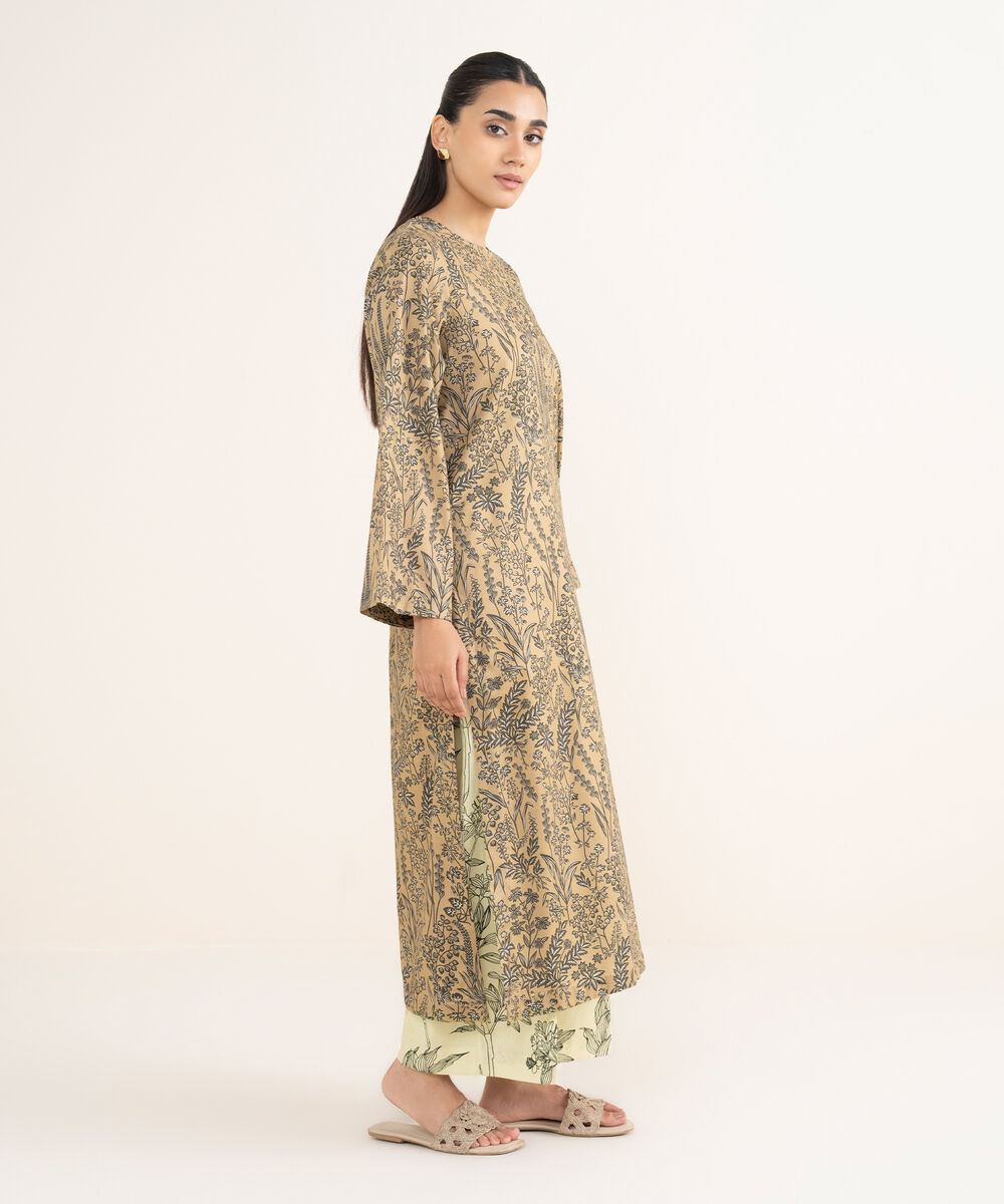 Women's RTW Viscose Lawn Beige Printed Straight Shirt