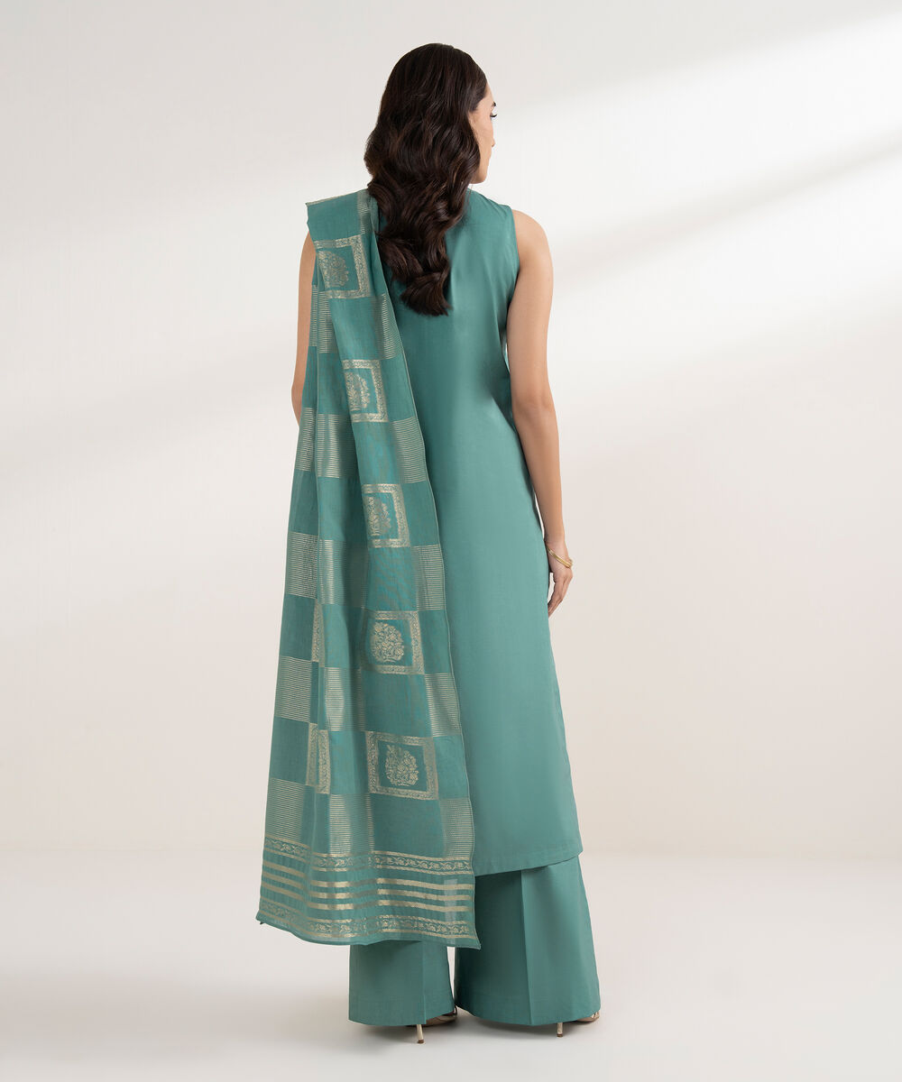 Women's Unstitched Cotton Embroidered Green 3 Piece Suit