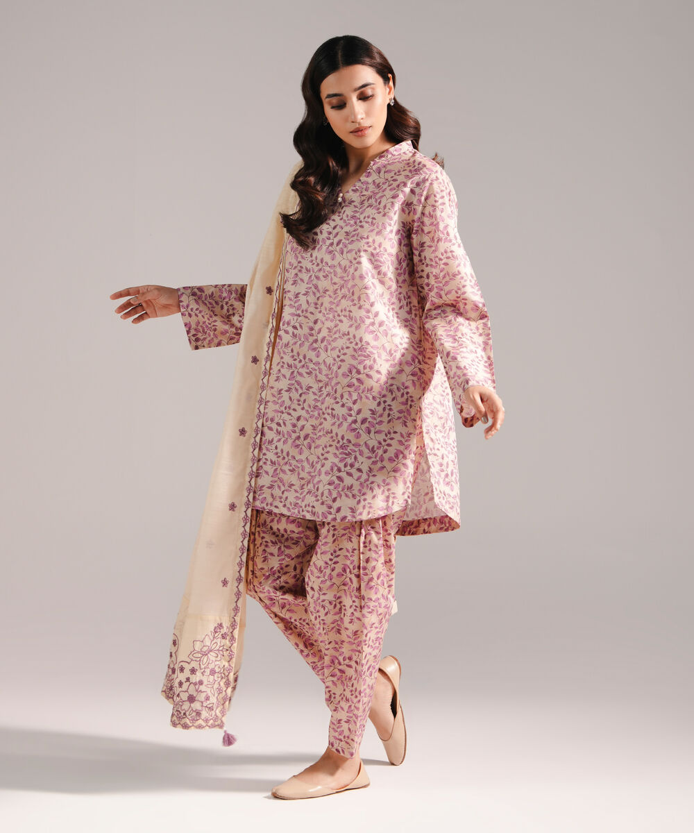 Women's RTW Zari Lawn Printed Beige 3 Piece Suit