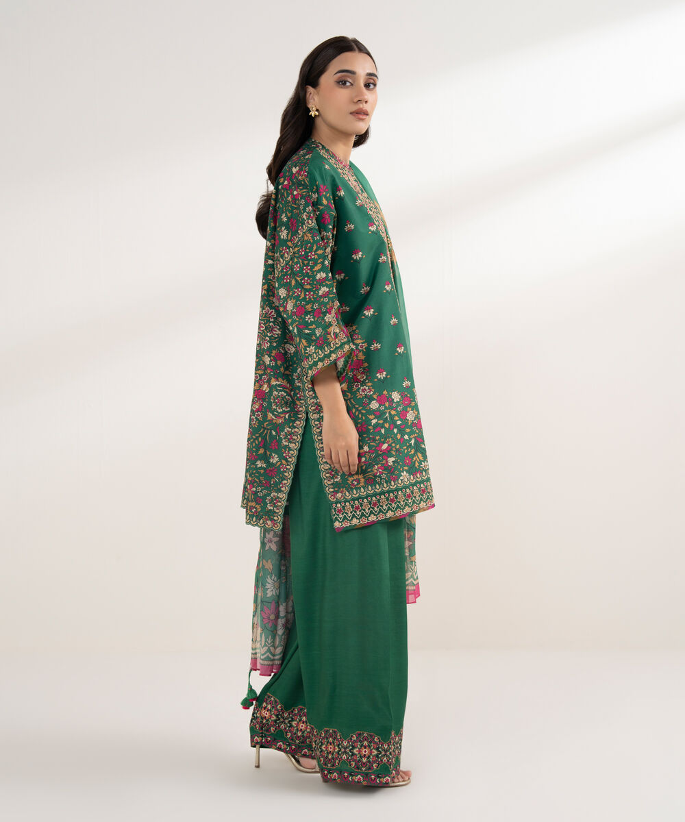 Women's Unstitched Blended Grip Silk Printed Green 3 Piece Suit