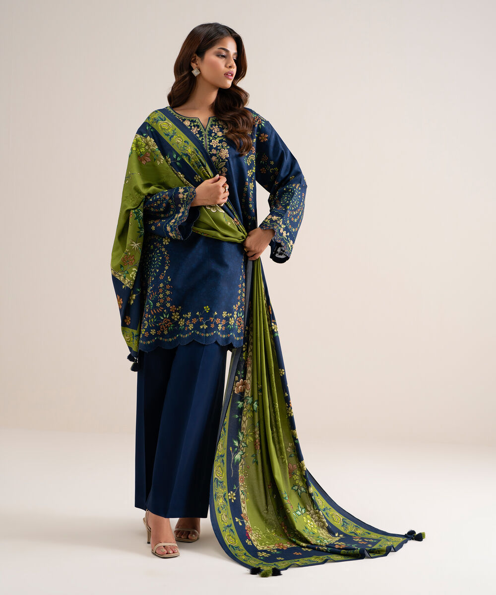 Women's Unstitched Printed Cotton Viscose Blue 3 Piece Suit