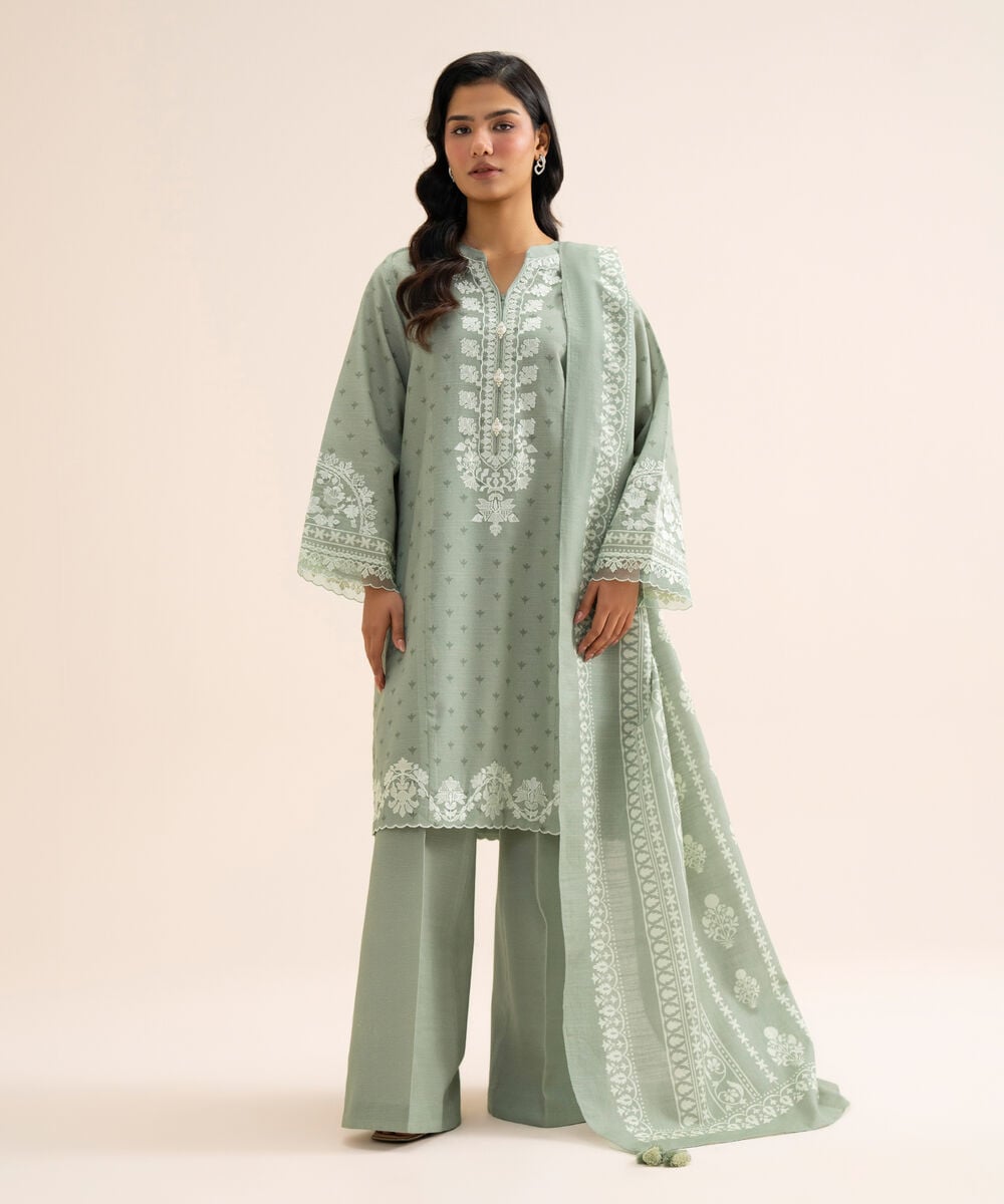 Women's Unstitched Light Khaddar Embroidered Light Grey 3 Piece Suit