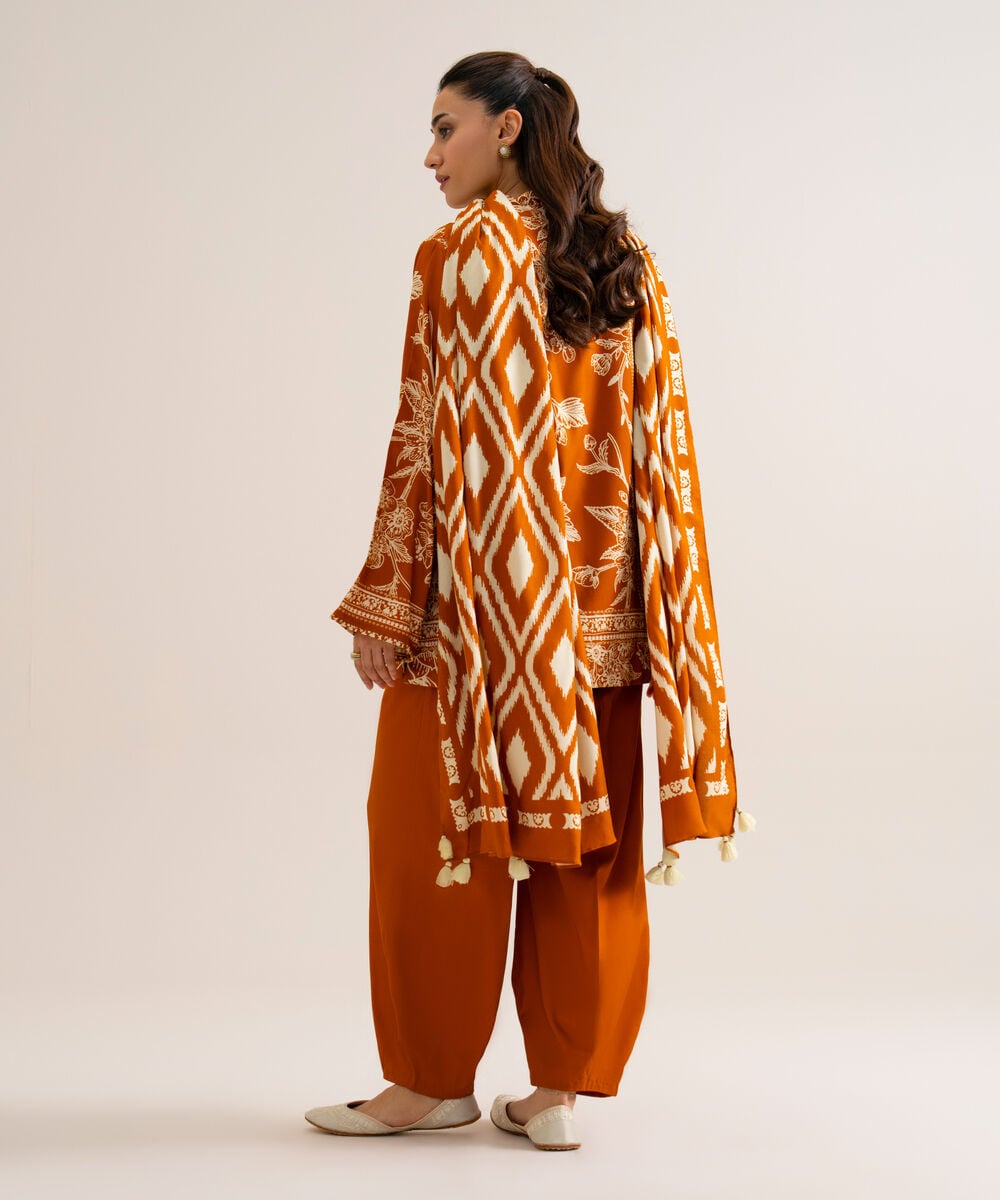 Women's Unstitched Viscose Linen Printed Orange 3 Piece Suit