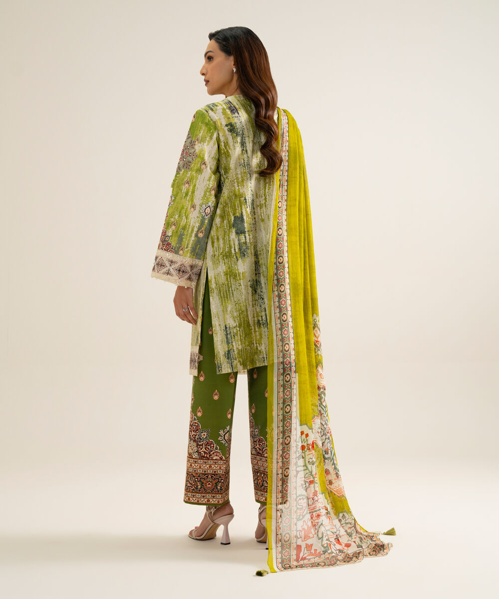 Women's Unstitched Blended Chiffon Printed Green & Off White 3 Piece Suit