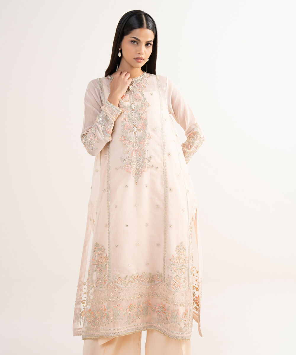Women's RTW Blended Textured Karandi Peach Embroidered 2 Piece Suit