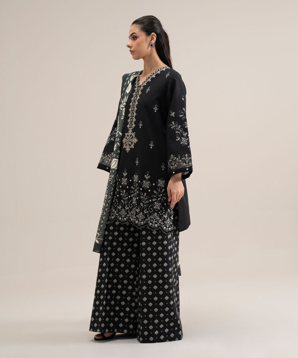 Women's Unstitched Lawn Embroidered Black 3 Piece Suit