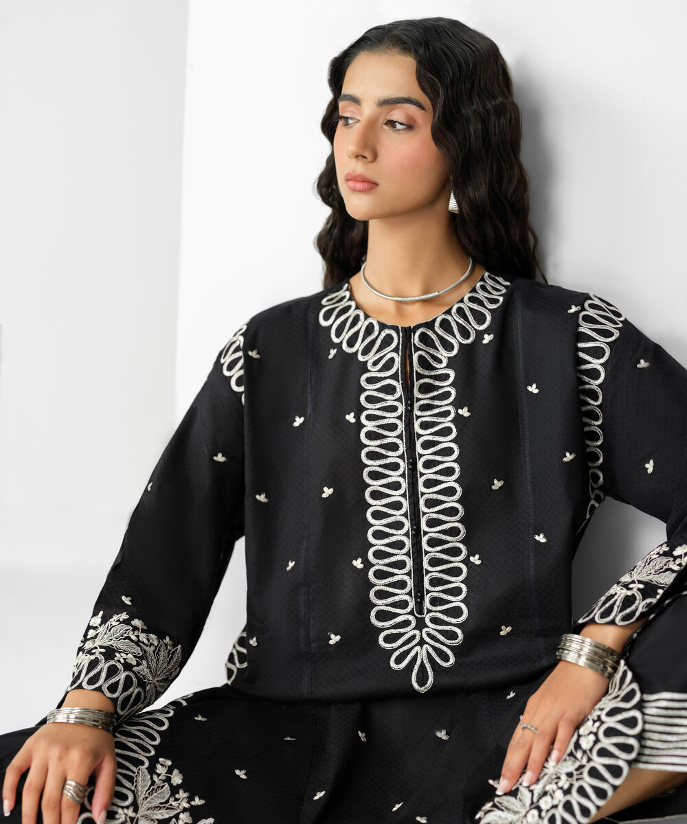 Women's RTW Dobby Black Embroidered Boxy Shirt