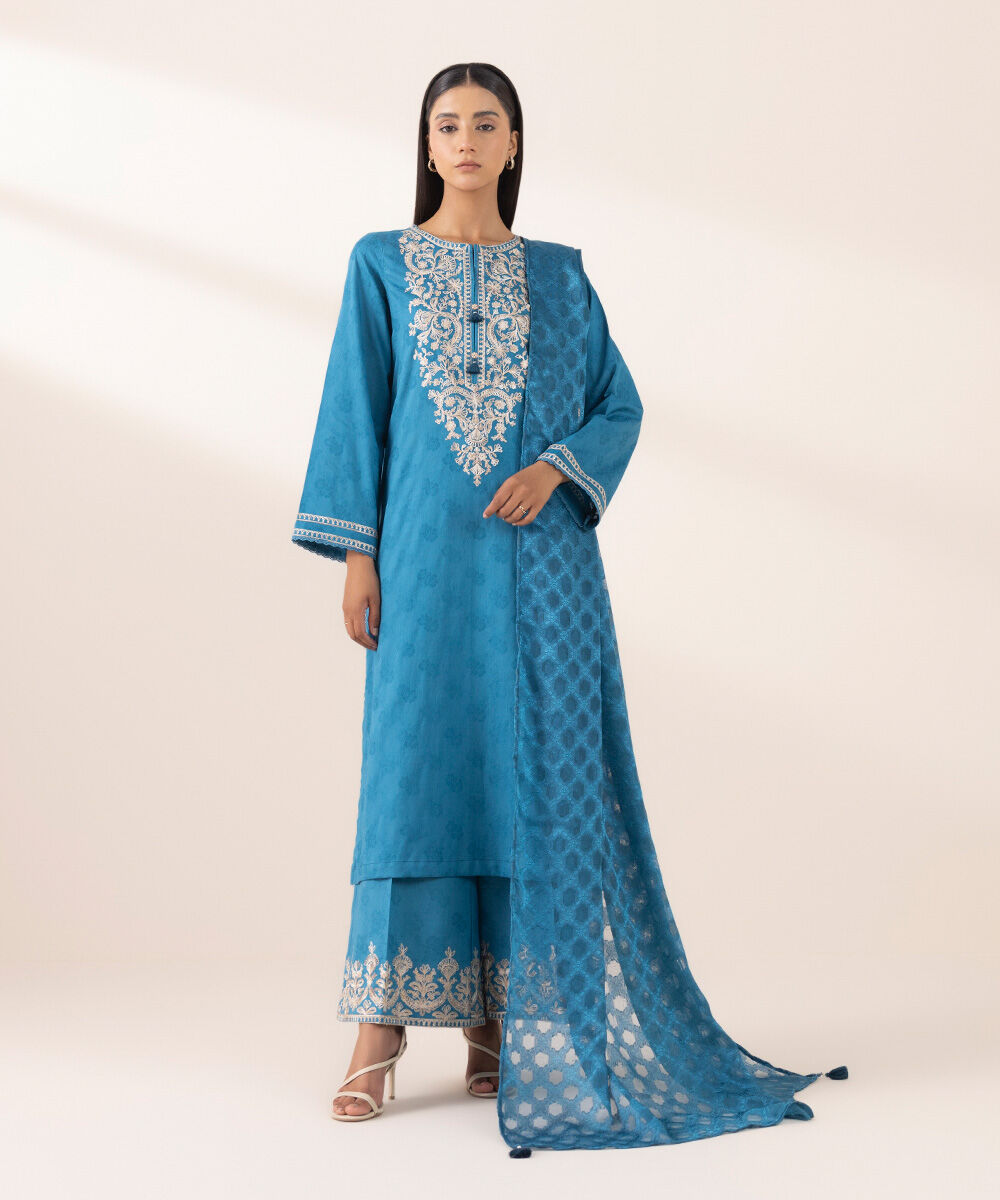 Women's Pret Yarn Dyed Blue Embroidered A-Line Shirt