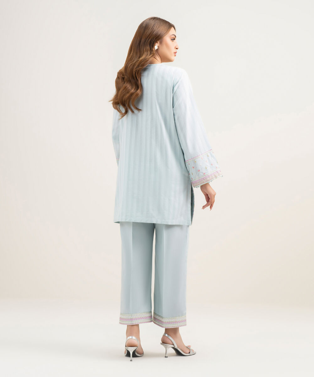 Women's RTW Dobby Embroidered Ice Blue 2 Piece Suit