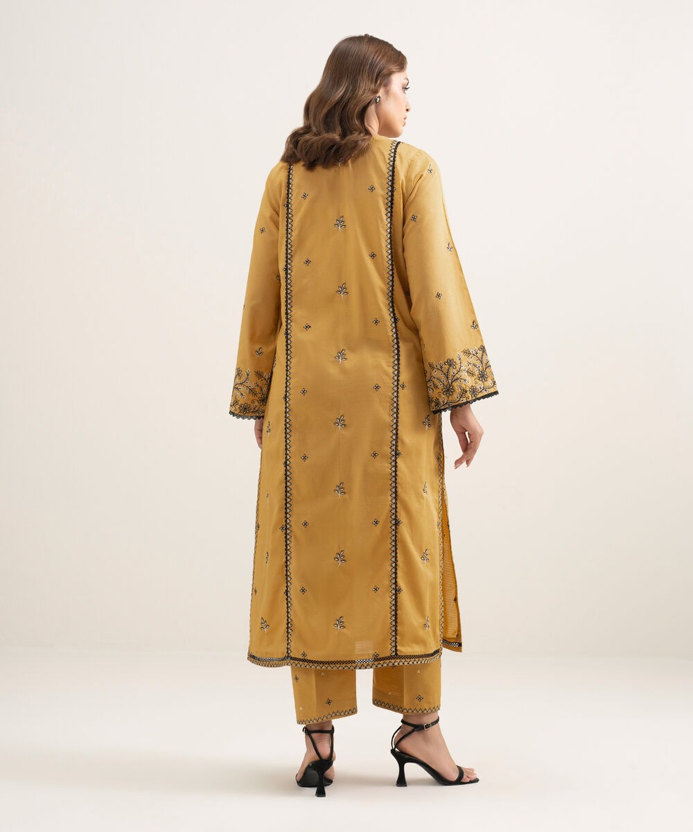 Women's RTW Dobby Embroidered Yellow A-Line Shirt