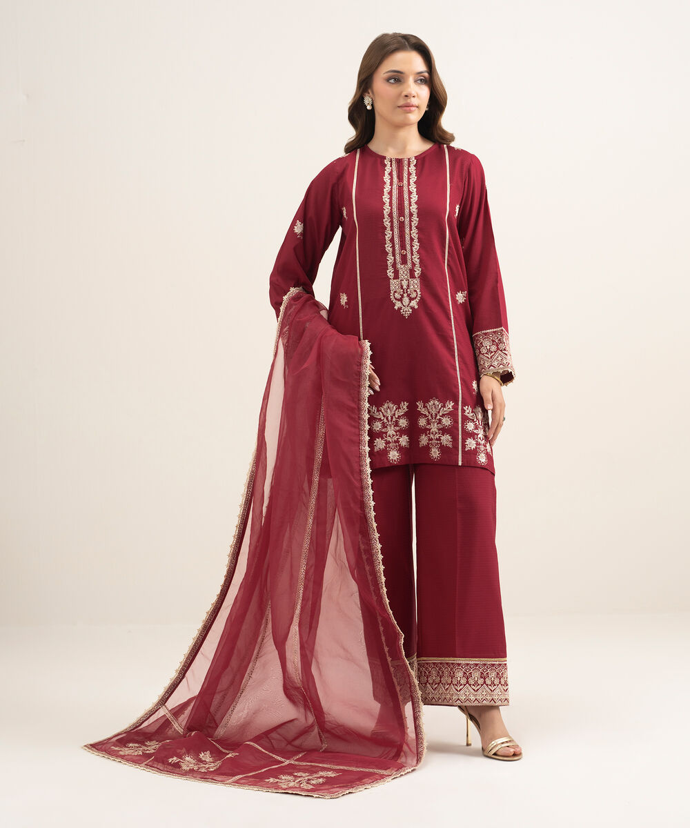 Women's RTW Dobby Embroidered Red Straight Shirt