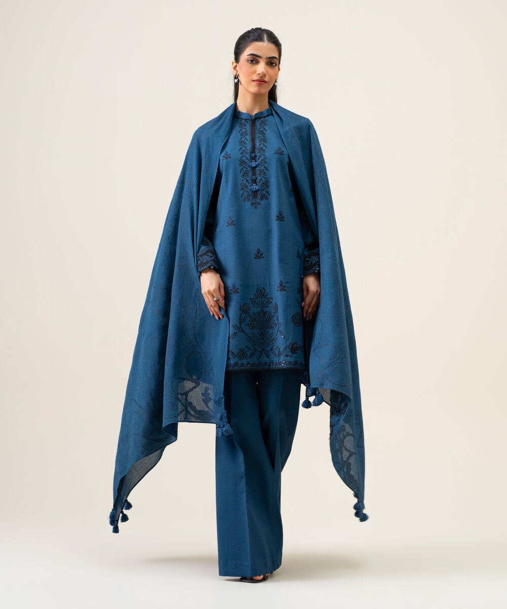 Women's Unstitched Light Khaddar Embroidered Navy Blue 3 Piece Suit