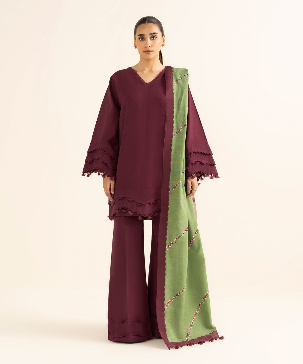 Women's Unstitched Cotton Jacquard Embroidered Red 3 Piece Suit