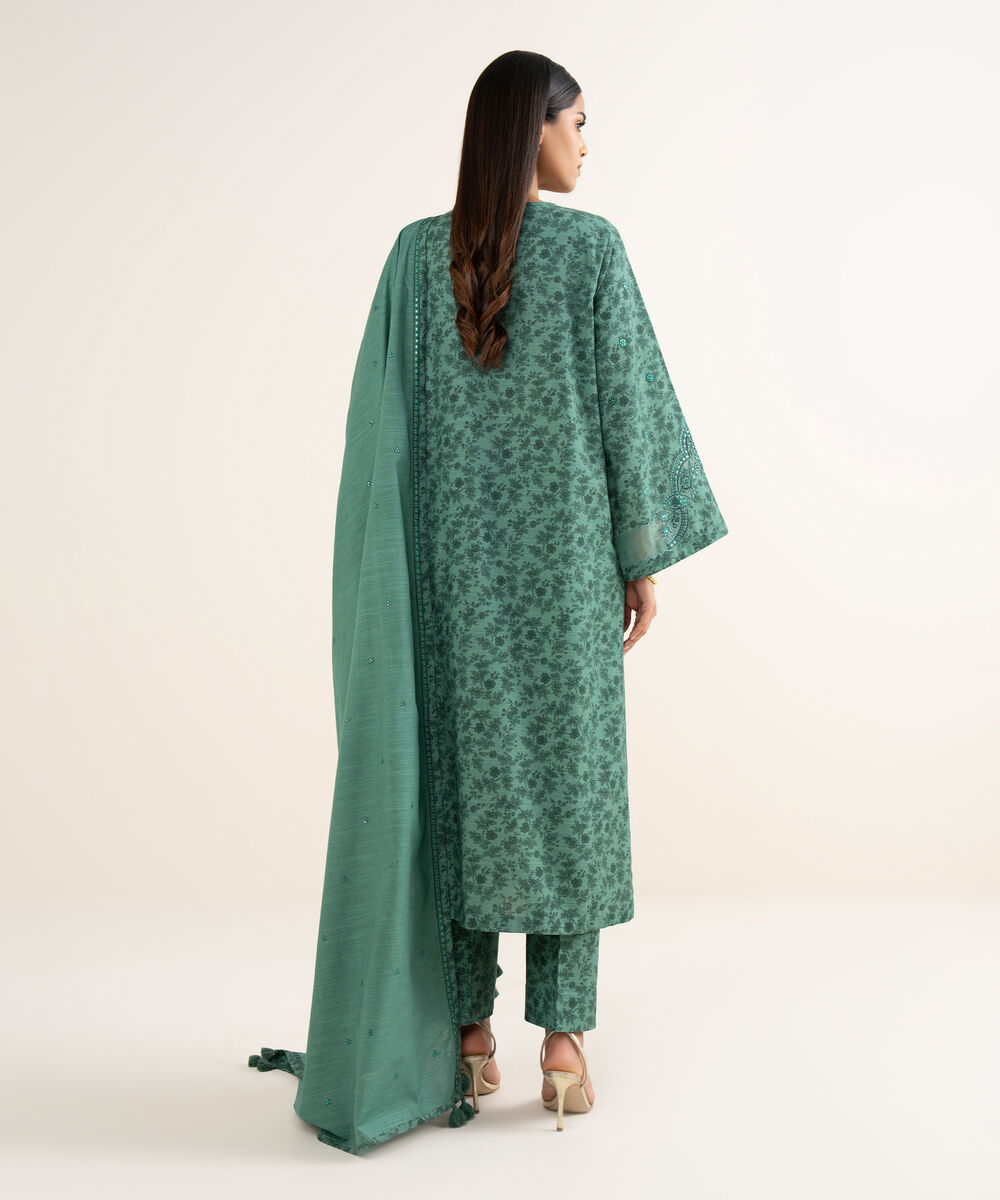 Women's Unstitched Khaddar Embroidered Green 3 Piece Suit